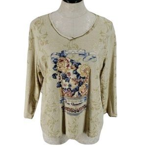 Bestow tea‎ Rose floral tan blue flower picture frame 3/4 Sleeve Large shirt